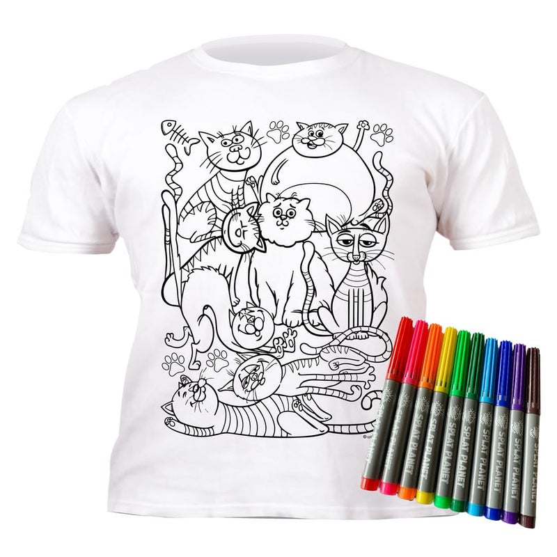 Splat Planet Color-in Cats T-Shirt with 6 Non-Toxic Washable Magic Pens - Color-in and Wash Out T-Shirt (9-11 Years) - Image 1